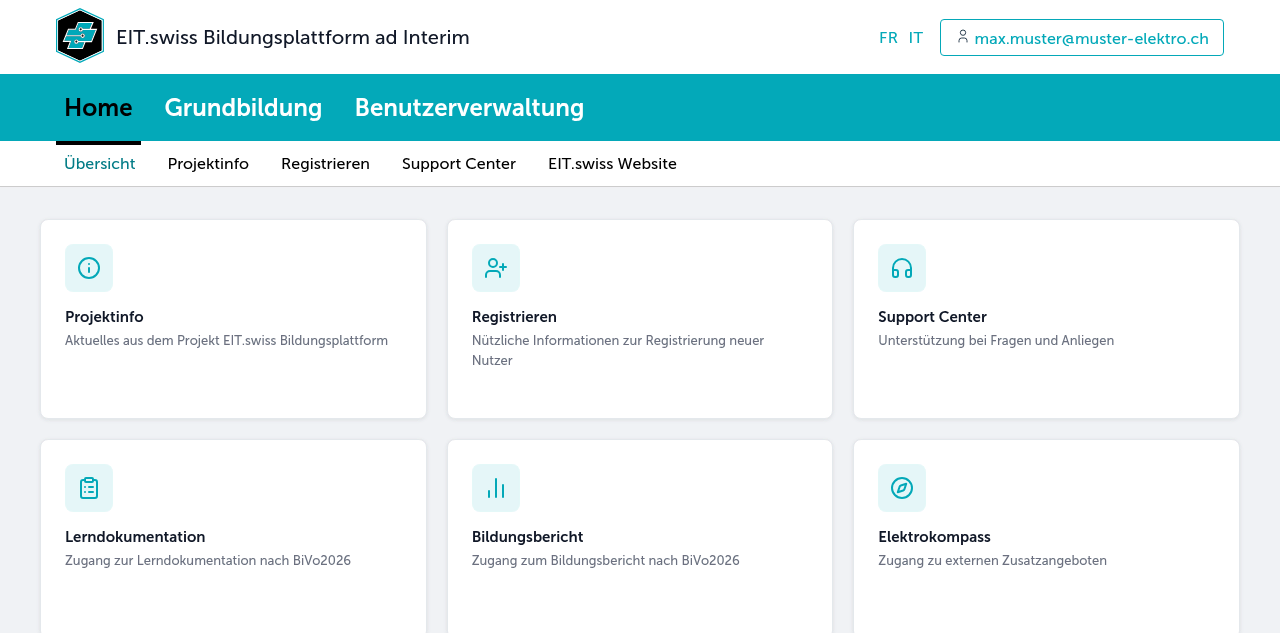 Das Dashboard der Bildungsplattform als gemeinsamer Einstieg, mit Kacheln zu Lerndokumentation, Bildungsbericht und Elektrokompass