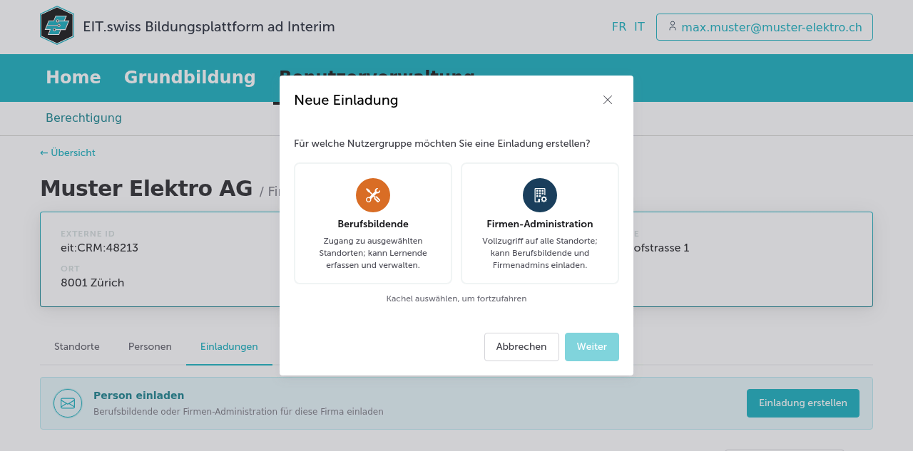 Dialog zum Erstellen einer Einladung im Portal, mit Auswahl zwischen Berufsbildende und Firmen-Administration
