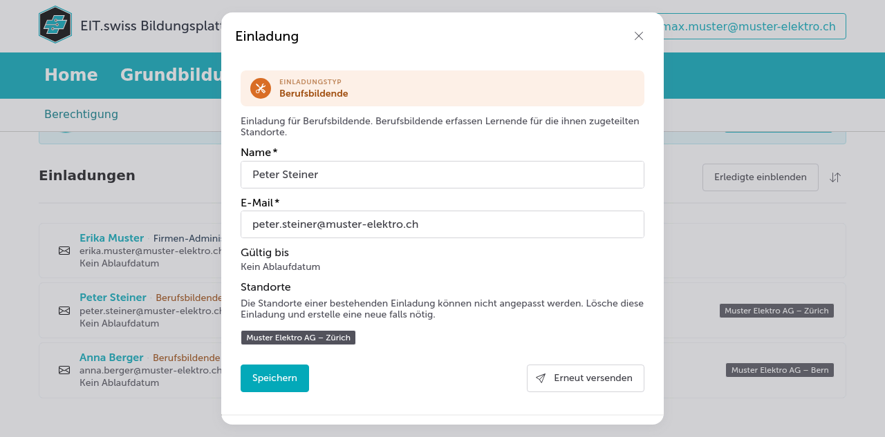 Eine bestehende Einladung im Portal mit Einladungstyp, Empfänger und zugeteiltem Standort