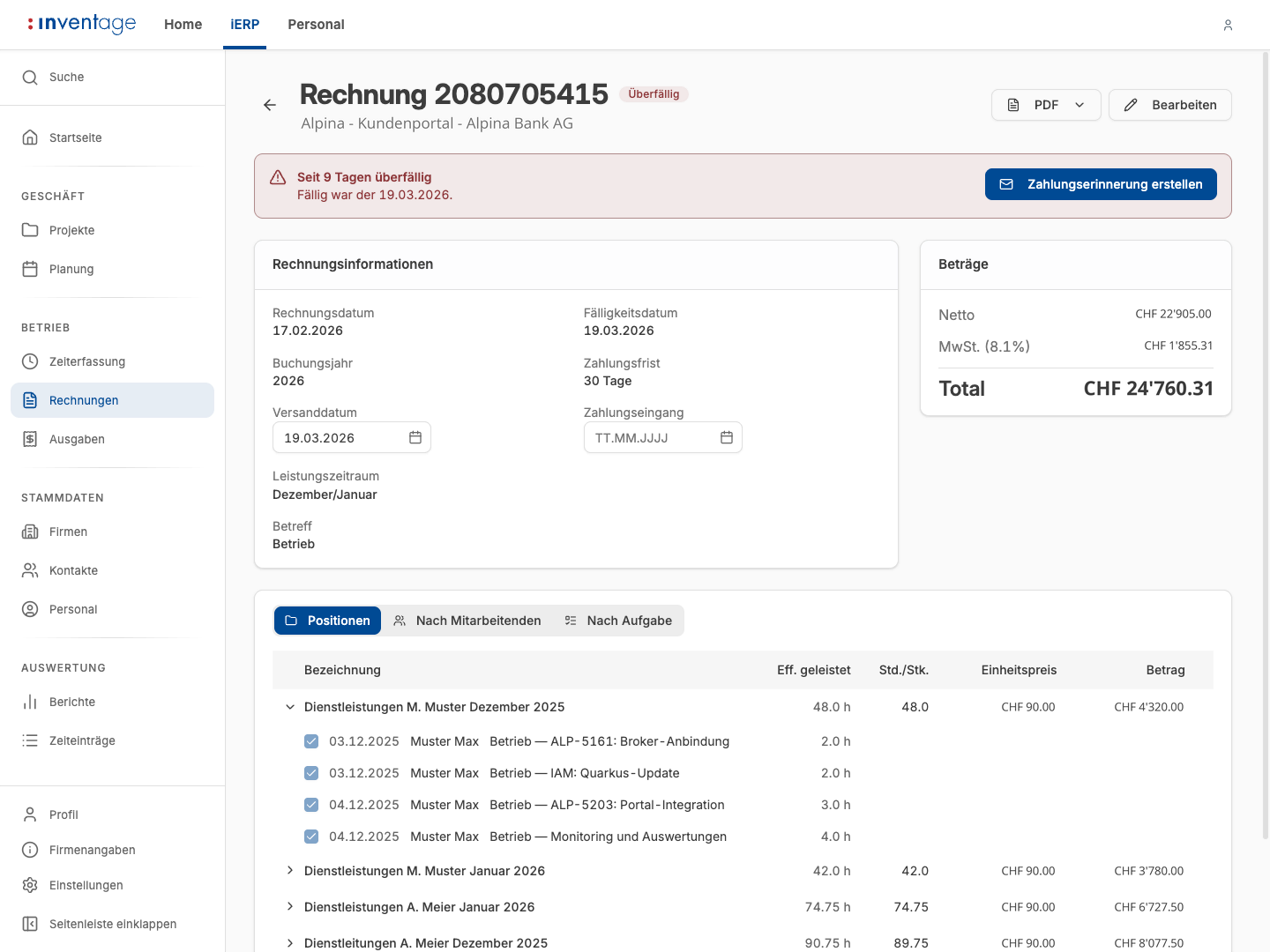 Rechnungsdetail mit Positionen, aufgeschlüsselt nach geleisteten Stunden und Ansätzen